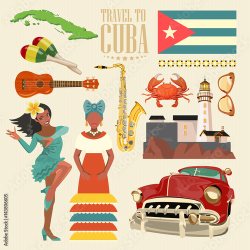 Cuba attraction and sights - travel postcard concept. Vector illustration with traditional Cuban architecture, colourful buildings, car, guitar, cigars, cocktail, flag. Design elements for poster.