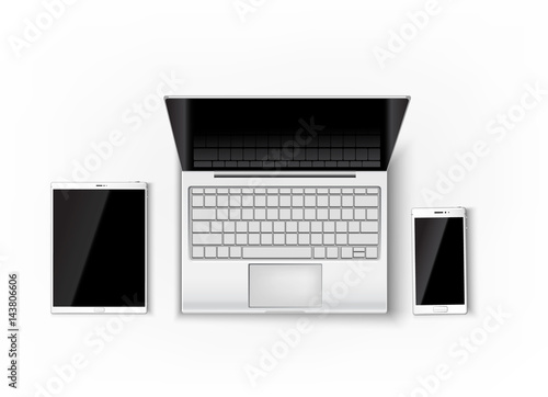 set of digital mock up. Portable laptop, tablet, phone. Top view, illustration templates 