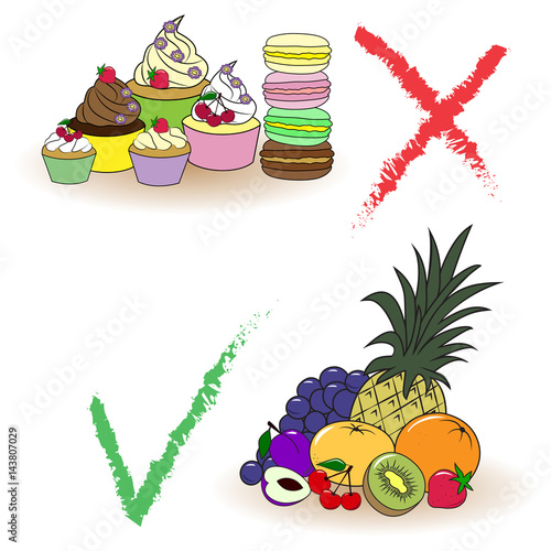 Balance between fruits and cakes. Right choice
