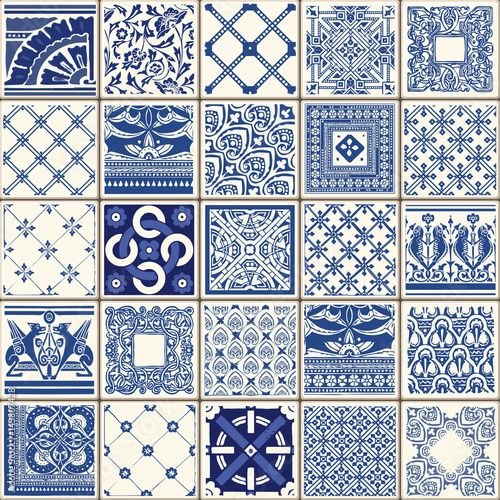 Indigo Blue Flower Azulejos Pattern Lisbon Set Paint Tile Floor Oriental Spain Collection Seamless Pattern Portugal Geometric Ceramic Design Tile Vintage Illustration background Vector Texture Pattern