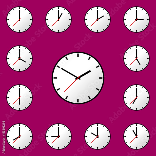 Set clock icon, Vector illustration, flat design. Easy to use and edit. EPS10. Crimson background.