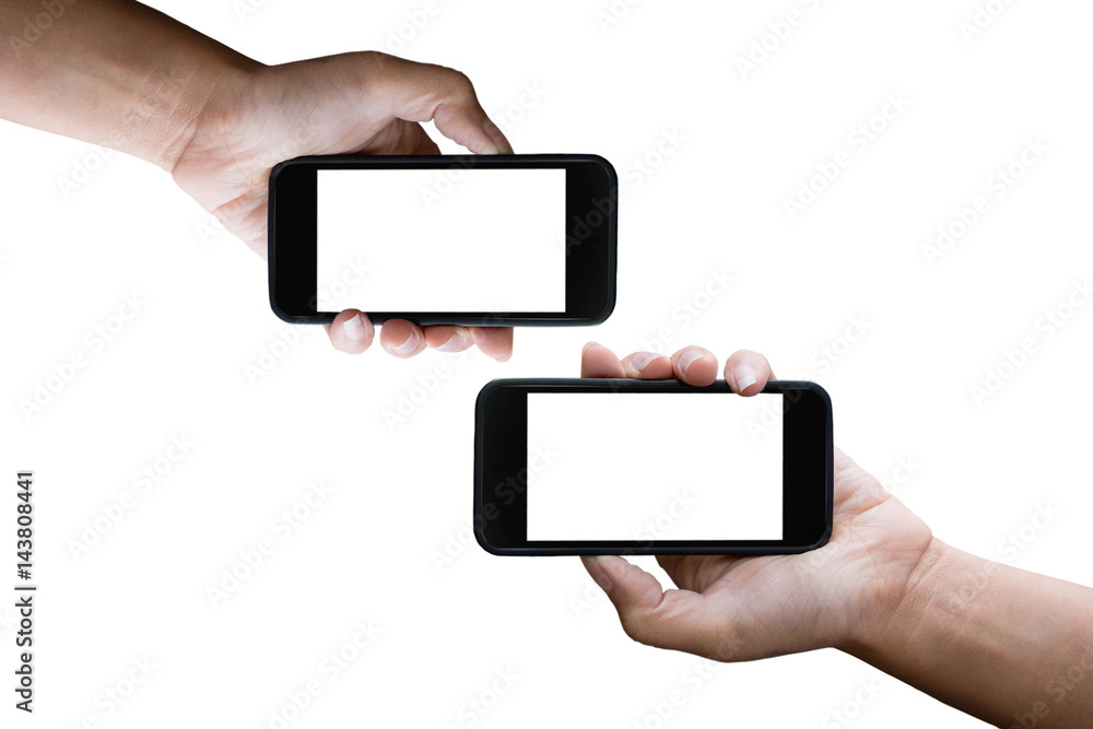 Two hands holding horizontal the black smartphone with blank screen, isolated on white background. Two hands holding horizontal the black smartphone with blank screen, isolated on white background.