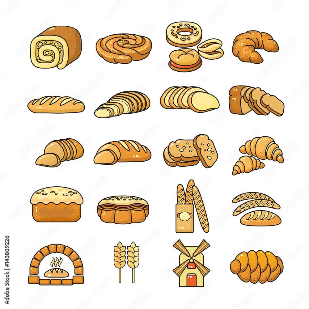 Vector set of  colorful bakery icon isolated on white.