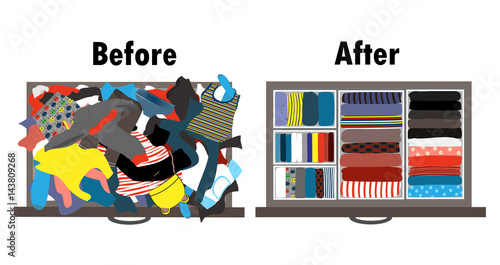 Before and after tidying up kids wardrobe in drawer. Messy clothes and nicely arranged clothes in piles.