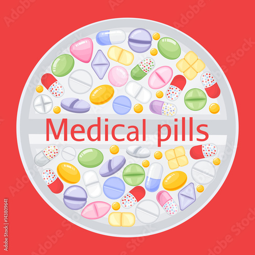 Tablet design of different colorful pills.Medicine painkiller pills, pharmaceutical antibiotics drugs vector. Set of color pills, illustration of antibiotic and vitamin pill. vector illustration