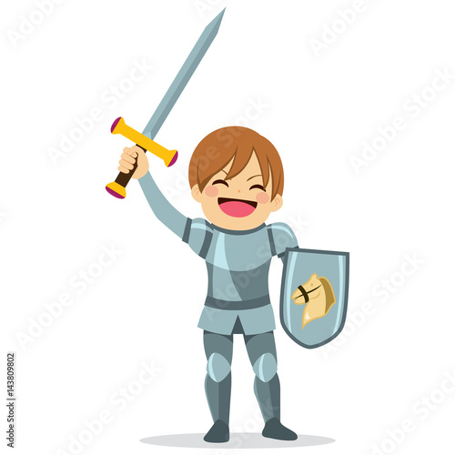 Cute little knight boy character with arm up holding sword
