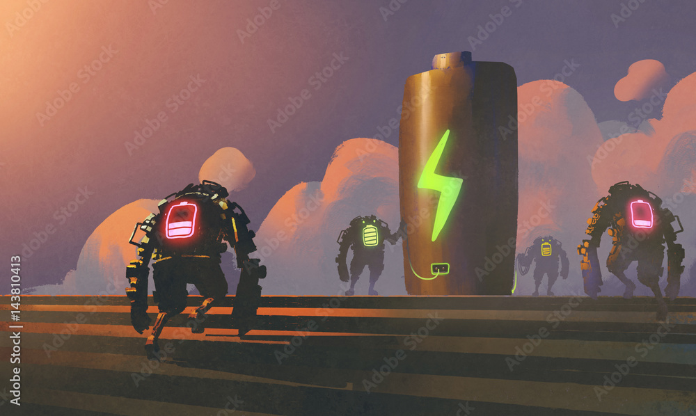 Fototapeta premium scene of robots with energy status tries to charging battery at the station, illustration painting