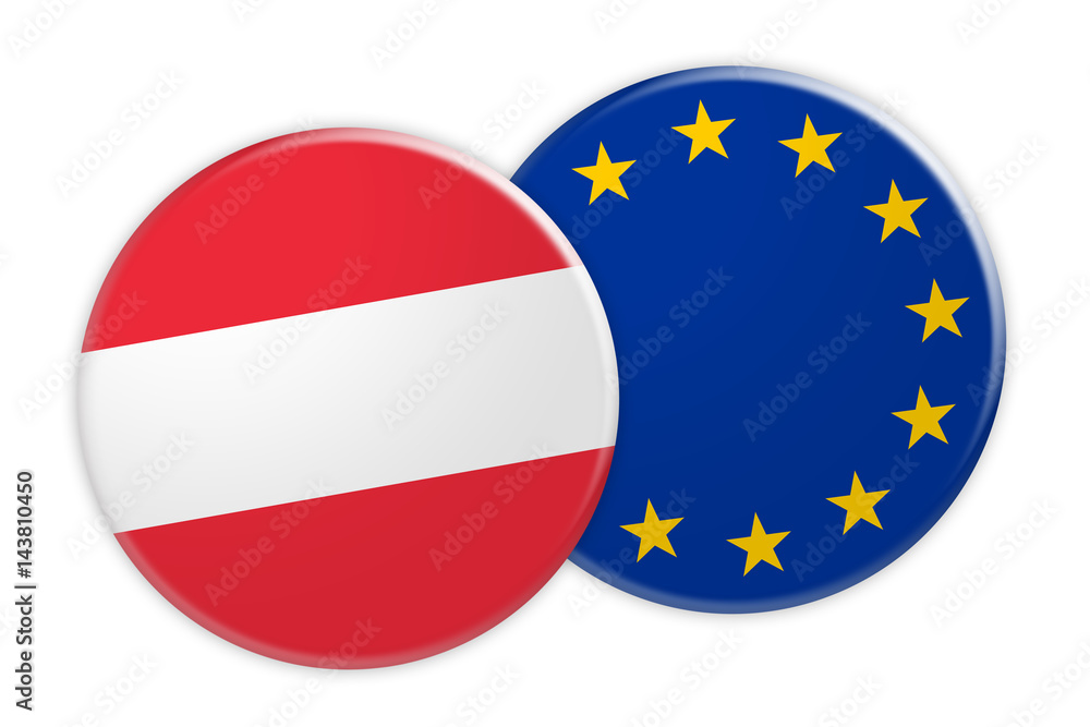 News Concept: Austria Flag Button On EU Flag Button, 3d illustration on white background News Concept: Austria Flag Button On EU Flag Button, 3d illustration on white background