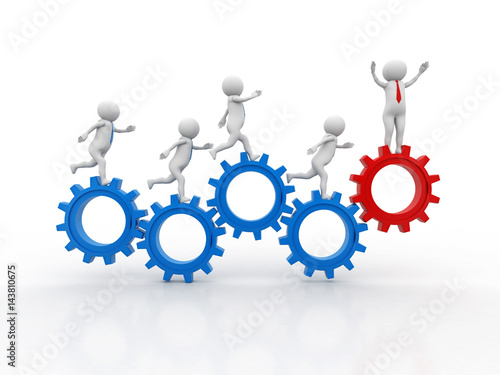 3d people - man, person running in gear wheels. Businessman and gear mechanism