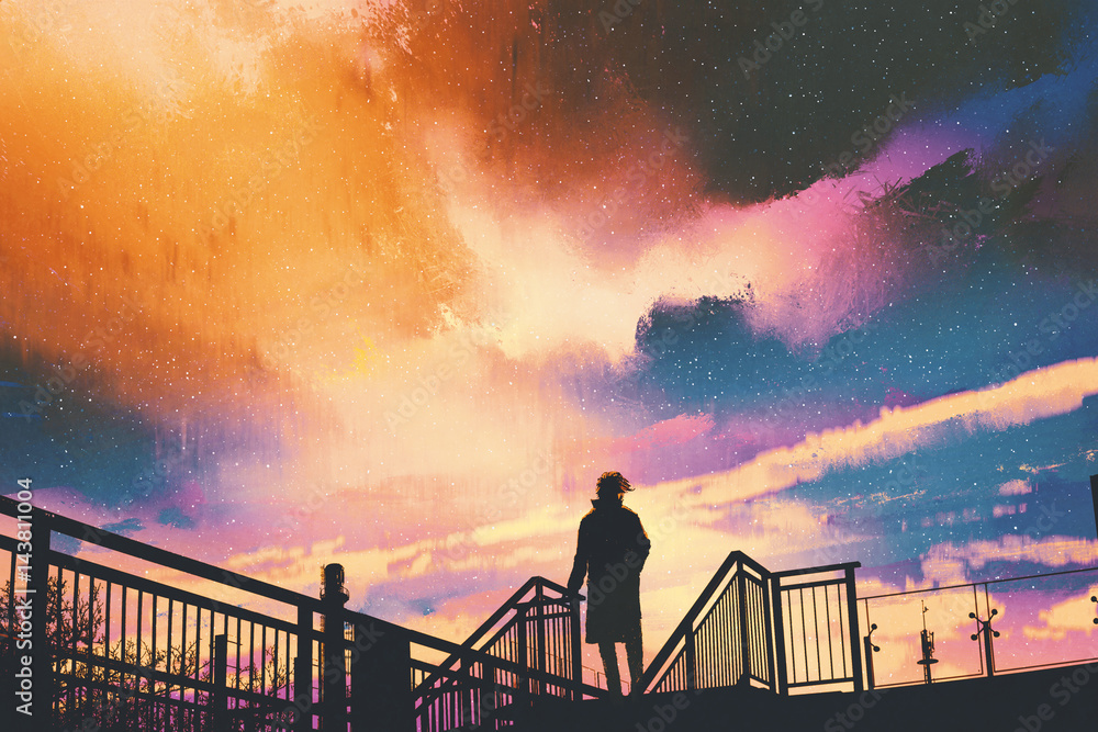 Naklejka premium silhouette of man standing on footbridge against colorful sky, illustration painting