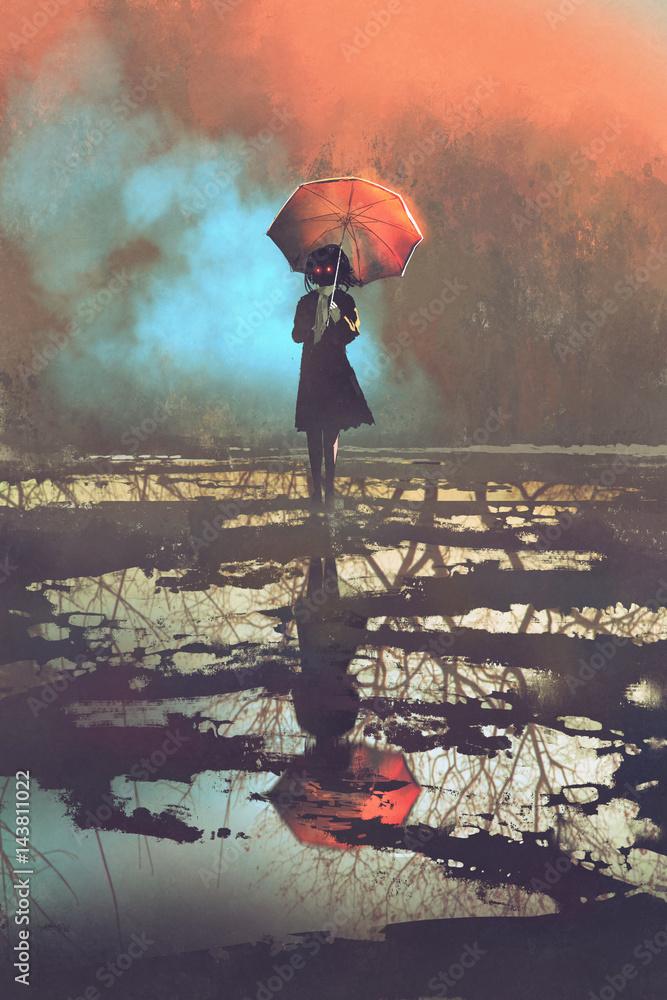 Mysterious Woman Holds Umbrella Standing In A Puddle With Reflection Of 