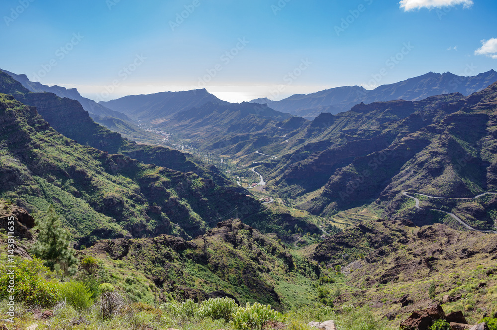 Mountain landscape in Gran Canaria: Barranco de Mogan and GC-200 road.