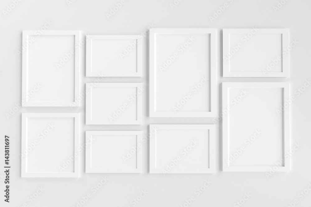 Realistic group of blank white picture frame templates set on white background, 3D render Realistic group of blank white picture frame templates set on white background, 3D render