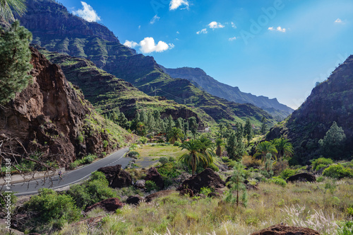 Mountain landscape in Gran Canaria: Barranco de Mogan and GC-200 road.