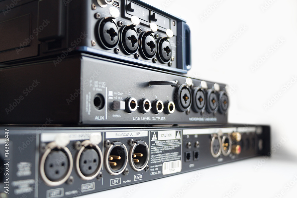Fototapeta premium Professional sound equipments with input, output connectors. Selective focus