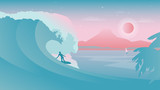 Flat design vector landscape with surfer on the surfboard silhouette under the wave