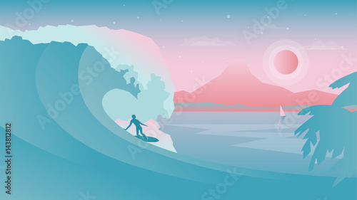 Flat design vector landscape with surfer on the surfboard silhouette under the wave