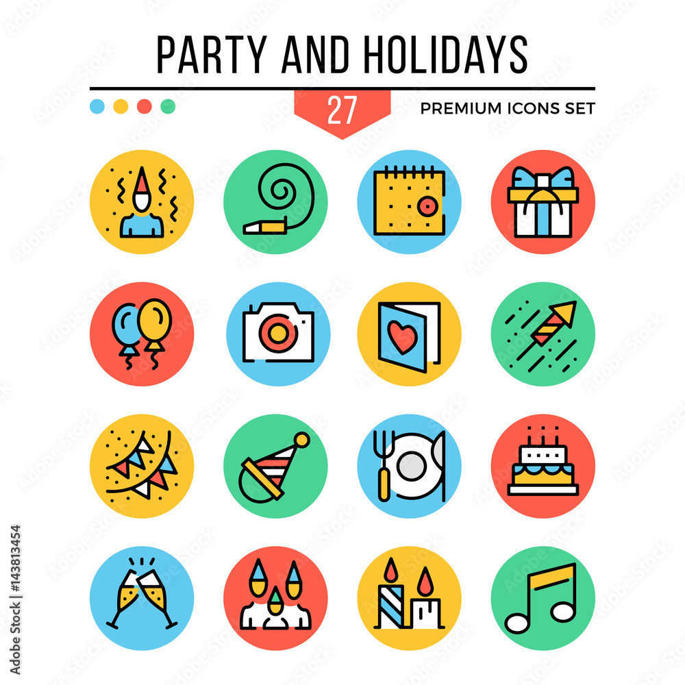 Party and holidays icons. Modern thin line icons set. Premium quality. Outline symbols, graphic concepts collection, flat line icons. Vector illustration Party and holidays icons. Modern thin line icons set. Premium quality. Outline symbols, graphic concepts collection, flat line icons. Vector illustration