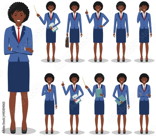 Business concept. Detailed illustration of african american businesswoman standing in different positions in flat style isolated on white background. Vector illustration.