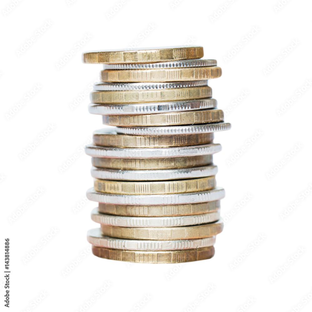 Money. Stack of Russian rubles coins, isolated on white background Money. Stack of Russian rubles coins, isolated on white background