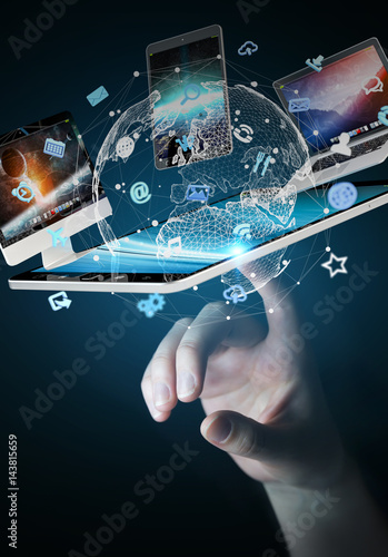 Businesswoman connecting tech devices to each other 3D rendering