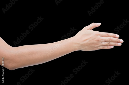 right back hand of a woman trying to reach or grab something. fling, touch sign. Reaching out to the left. isolated on black background
