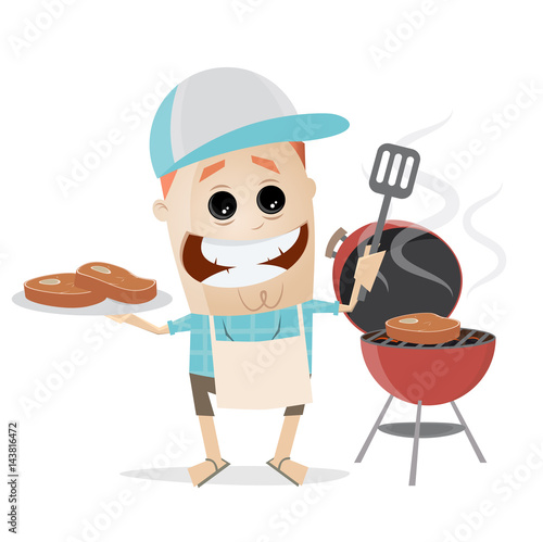 funny cartoon man with steaks and grill