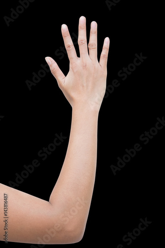 right back hand a woman show hi five, greet, stop, hand up, the fifth, empty sign. isolate on black background
