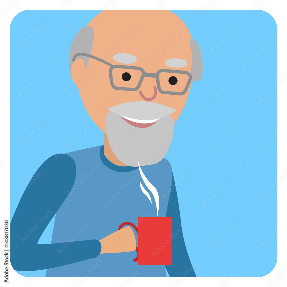 Man with cup in his hand drinking hot coffee. Vector illustration icon