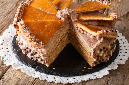 Sliced Hungarian Dobosh cake closeup. horizontal photo