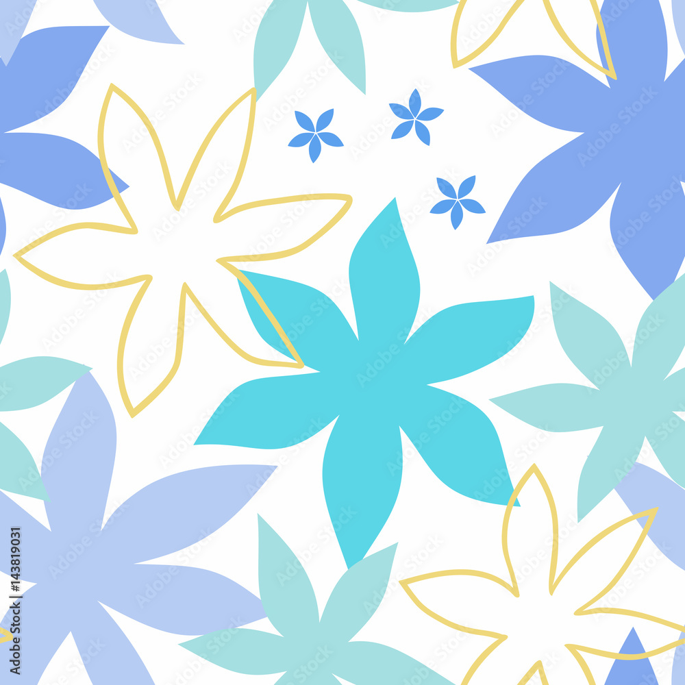 Obraz premium Floral seamless pattern in blue, green, violet and yellow on white background.