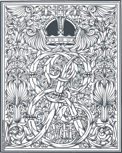 Vector illustration of classic royal heraldic design with coat of arms and knight helmet
