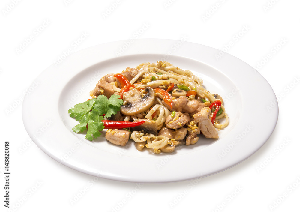 thai noodles with chicken and mushrooms isolated thai noodles with chicken and mushrooms isolated
