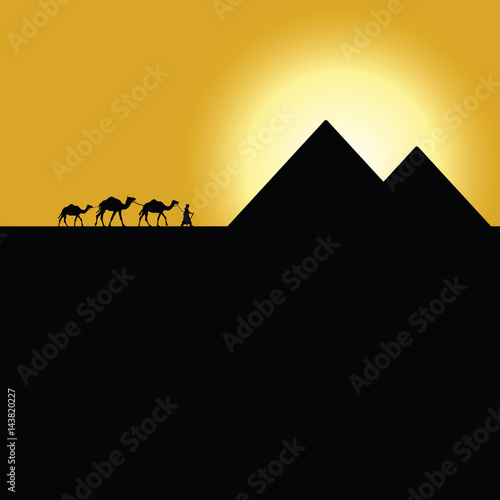 gypt pyramids with camel caravan on sunset illustration