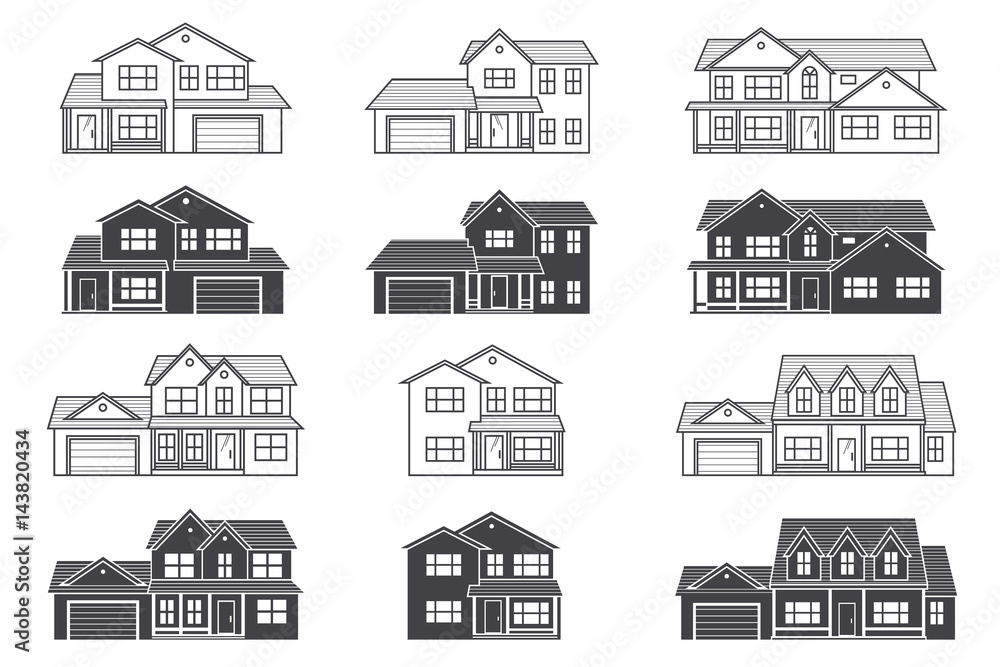 Fototapeta premium Set of vector thin line icon suburban american houses. For web