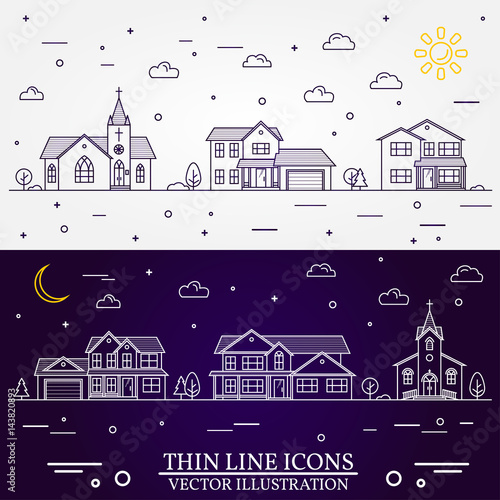 Neighborhood with homes illustrated white and purple background.