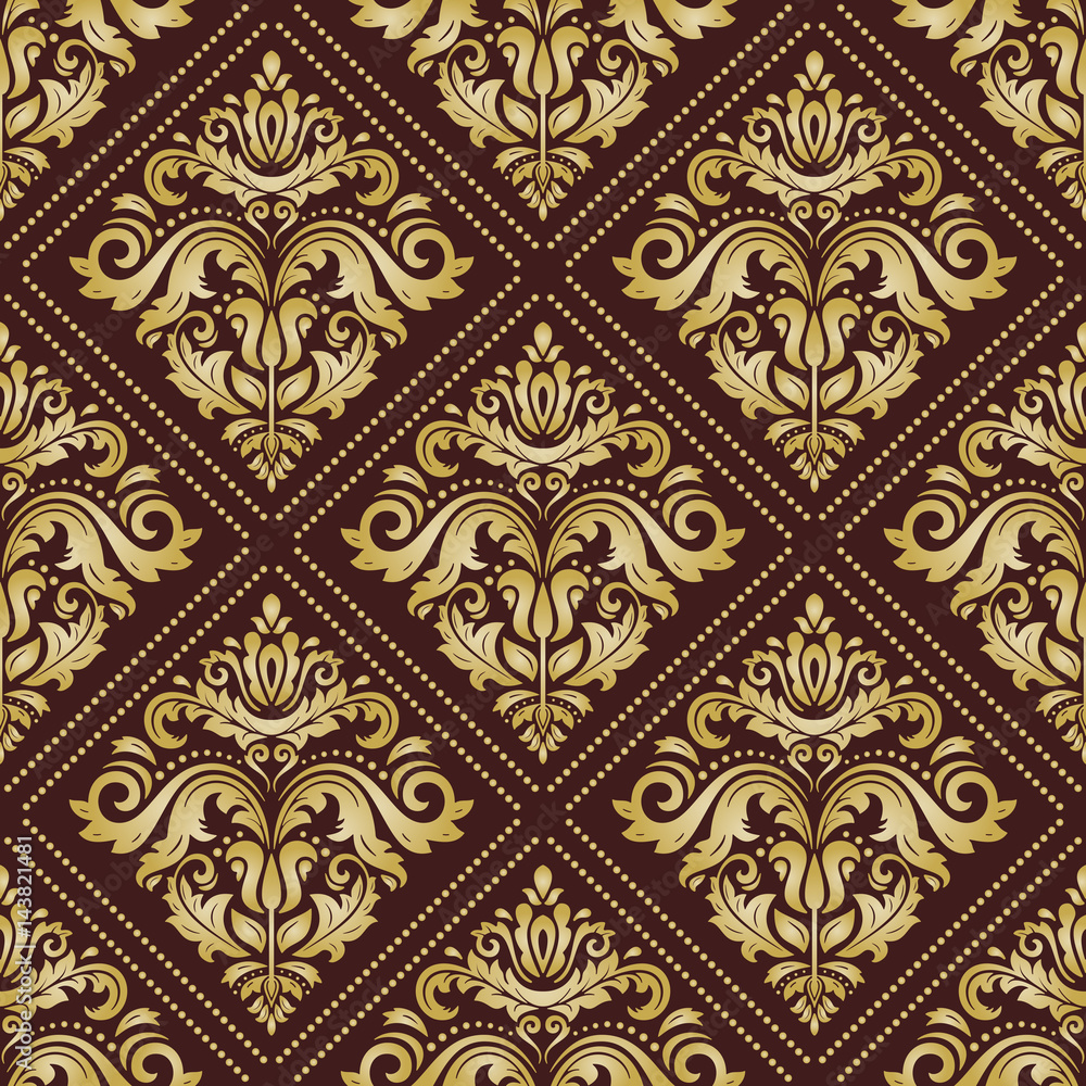 Damask vector classic pattern. Seamless abstract background with repeating elements. Orient golden background