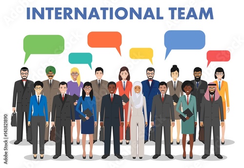 Group of business men and women standing together and speech bubble in flat style. Business team and teamwork concept. Different nationalities and dress styles. Flat design people characters.