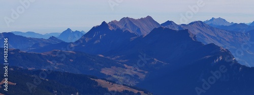 Mountains Augstmatthorn, Brienzer Rothorn and Wilerhorn seen from mount Niesen. Autumn scene in the Bernese Oberland.