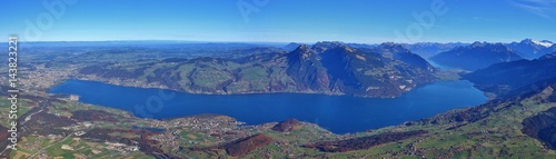 Lake Thunersee seen from mount Niesen. Landscape in the Bernese Oberland, Switzerland.