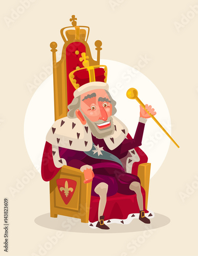 Happy smiling king man character sits on the throne. Vector flat cartoon illustration