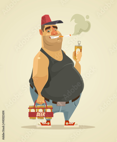 Happy smiling man smoking cigarette and drinking beer. Vector flat cartoon illustration