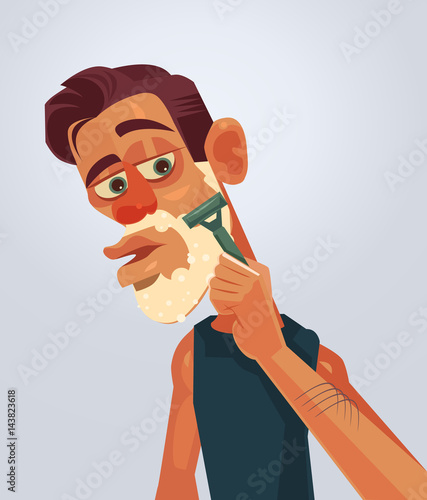 Man character shaving face. Vector flat cartoon illustration