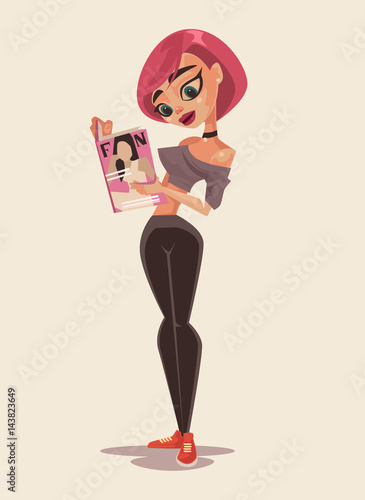 Happy smiling woman teen reading magazine. Vector flat cartoon illustration