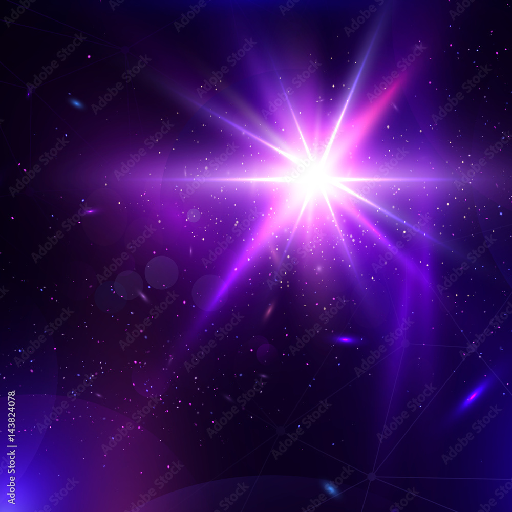 Fototapeta premium Abstract vector glowing background. Lens Flare fantastic design. Futuristic illustration with stage spot light and light burst. Space concept template. Flash Highlight beam. Glare, flicker and glow.