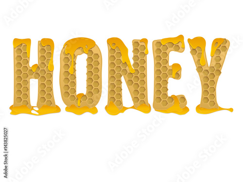 vector inscription the honey from the honeycomb wax. realistic dripping honey bright in the light. for your design