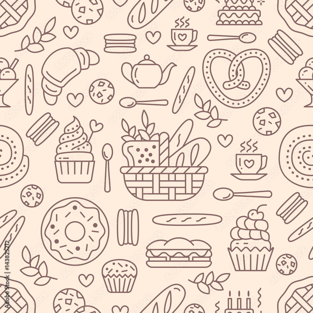 Bakery seamless pattern, food vector background of beige color. Confectionery products thin line icons - cake, croissant, muffin, pastry, cupcake, pie. Cute repeated illustration for sweet shop. Bakery seamless pattern, food vector background of beige color. Confectionery products thin line icons - cake, croissant, muffin, pastry, cupcake, pie. Cute repeated illustration for sweet shop.