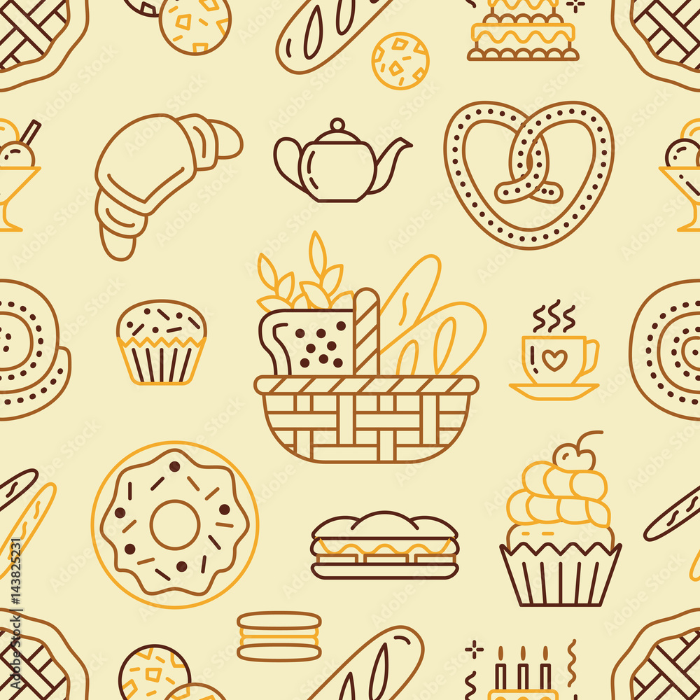 Bakery seamless pattern, food vector background of beige, yellow color. Confectionery products thin line icons - cake, croissant, muffin, pastry, cupcake, pie. Cute repeated illustration for sweet Bakery seamless pattern, food vector background of beige, yellow color. Confectionery products thin line icons - cake, croissant, muffin, pastry, cupcake, pie. Cute repeated illustration for sweet