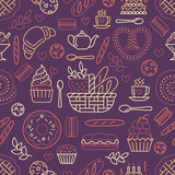 Bakery seamless pattern, food vector background of dark red color. Confectionery products thin line icons - cake, croissant, muffin, pastry, cupcake, pie. Cute repeated illustration for sweet shop.