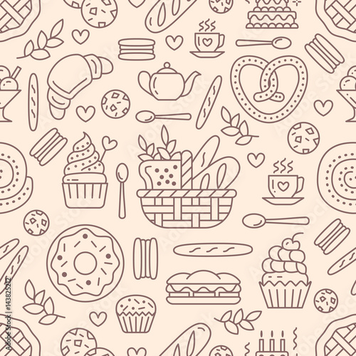 Bakery seamless pattern, food vector background of beige color. Confectionery products thin line icons - cake, croissant, muffin, pastry, cupcake, pie. Cute repeated illustration for sweet shop.